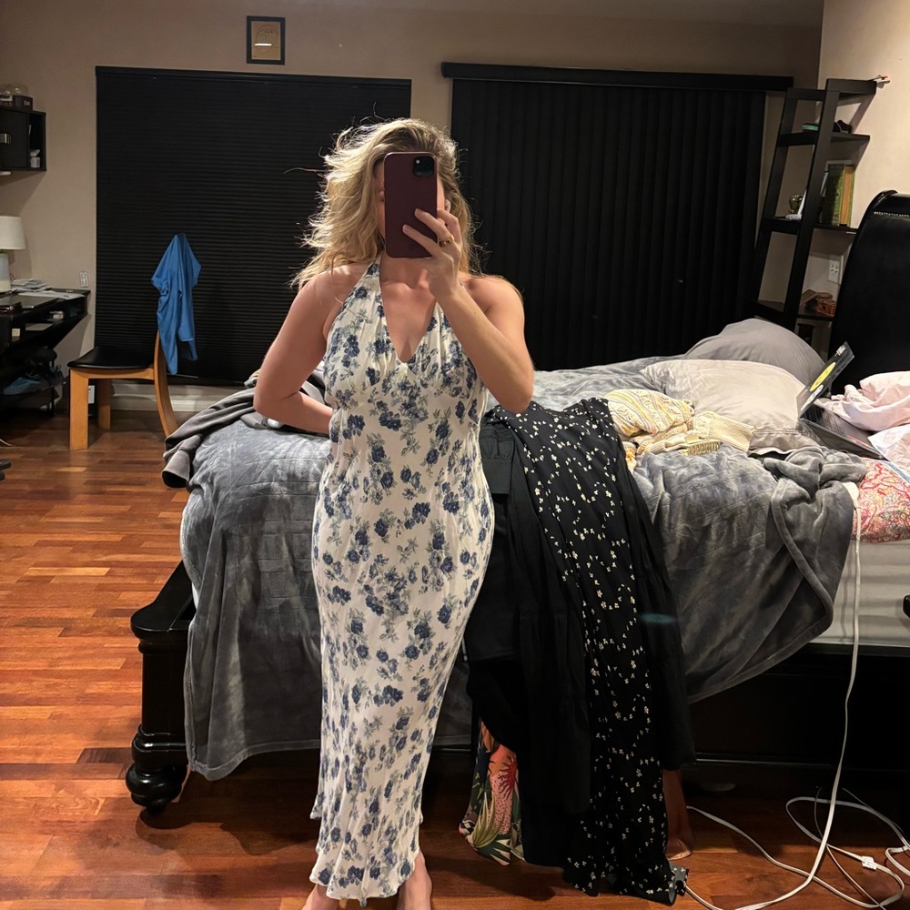 Reformation Blue and White Floral Halter Sun Dress